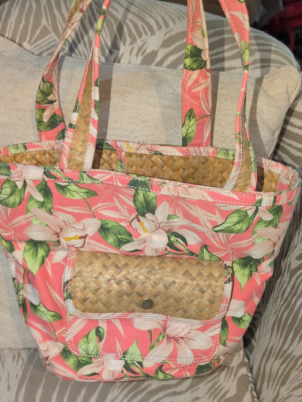 Floral Pink Straw Accent Tote Bag